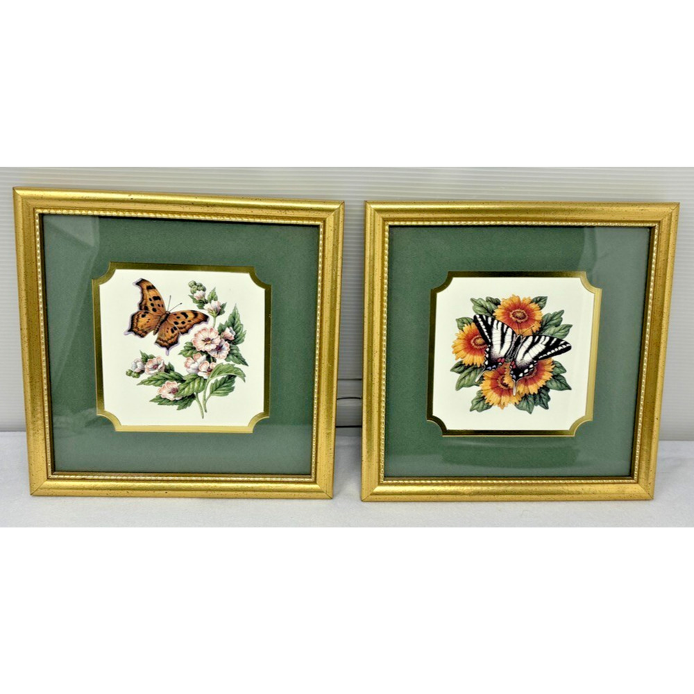 Vtg Heartfelt Collection Gold Framed Butterfly Artist Kathy Seek 9x9” Set of 2